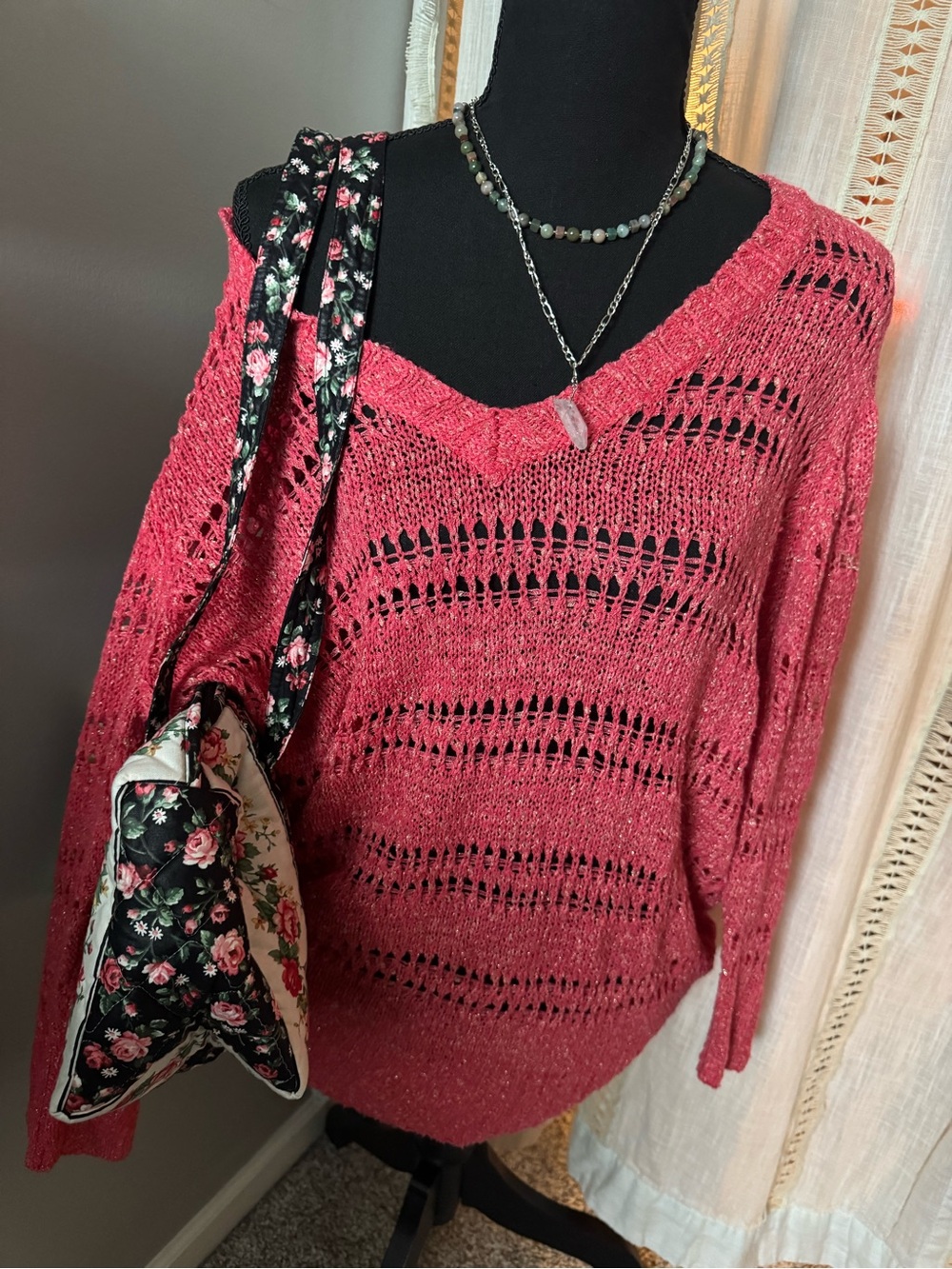 Elle Open-Knit V-Neck Sweater in Raspberry Pink with a Sparkie Thread